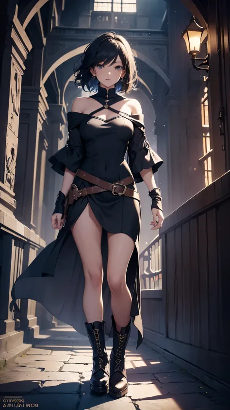 (One 18-year-old woman),(wizard),(short black hair),(messy hair),(wavy hair),(dark), [nervous eyes],(sexy fashion, off shoulder, maxi length skirt, boots),(best quality, 4k, 8k, highres, masterpiece:1.2), ultra-detailed,(realistic, photorealistic, photo-re...