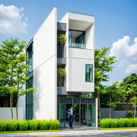 a modern minimalist style single-story villa with a flat roof, white walls and glass windows in vietnam is surrounded by green l...