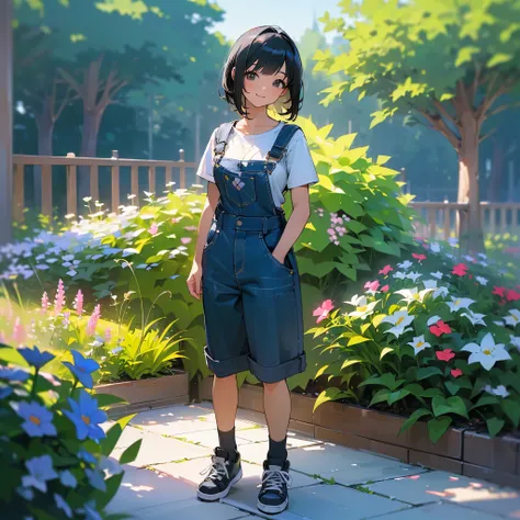 (high quality, High resolution, Very detailed, reality:1.37), Peaceful atmosphere, (Outdoor, garden), Teenage girl standing alone, (my breasts are big.), Beautiful details, Cute Smile, (Black bob hair), Short sleeve shirt, Overalls, Blue socks, sneakers.