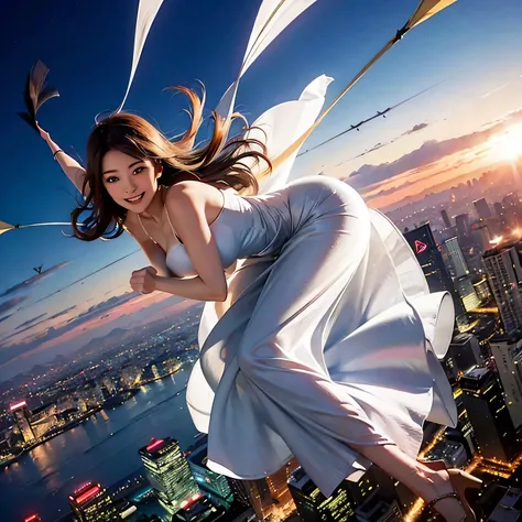 raw photo , 8K, ultra detailed, high res, (realistic:1.2), (1girl:1.3), (long dress), (smile:1.4), (flying:1.6), cityscape