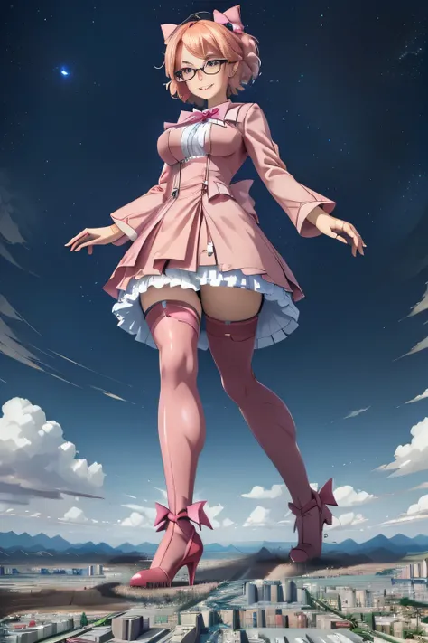 giantess art, highly detailed giantess shots, giantess, Two legs, Five fingers, short hair, A beautiful girl who is bigger than a skyscraper, Wearing rimless glasses, smile, Big Breasts, pink dress, bow, magical girl, magical wand, black pantyhose, pink st...