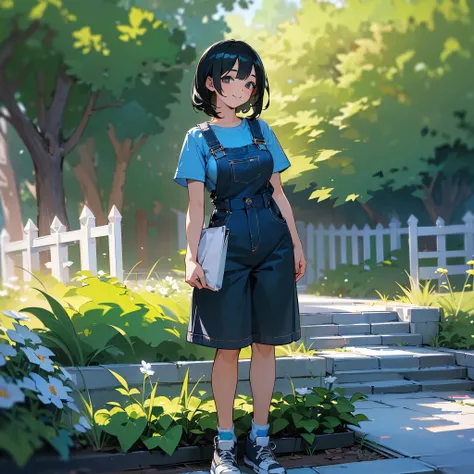 (high quality, High resolution, Very detailed, reality:1.37), Peaceful atmosphere, (Outdoor, garden), Teenage girl standing alone, (my breasts are big.), Beautiful details, Cute Smile, (Black bob hair), Short sleeve shirt, Overalls, Blue socks, sneakers.