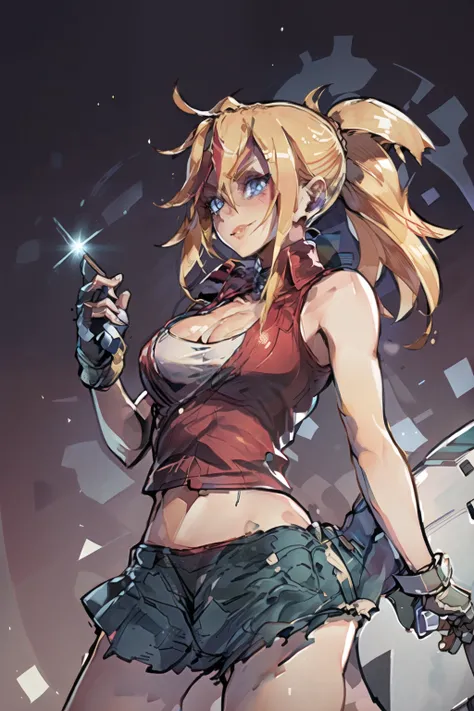 (masterpiece, best quality:1.2), Blue  glowing eyes, perfect face, highres, 1 girl, solo, ultra long ponytail, (female:1.5), strife, blonde hair, shoulder armor, sleeveless turtleneck, suspenders, belt, gloves, bracer, evil smile, standing, portrait, looki...