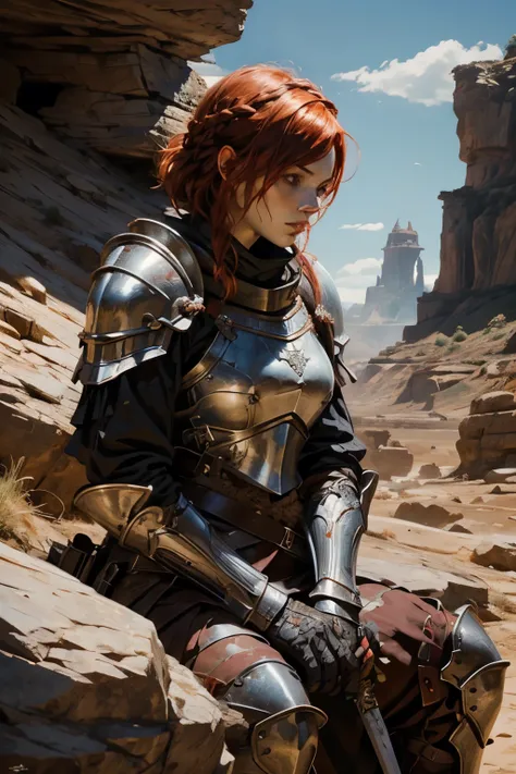 Full plate armor medieval girl holding a two handed sword,short red hair,braided hair,scars on face,black eyes,sitted and waiting on a rock,dusty armor,scratch sword,medieval,realistic,detailed