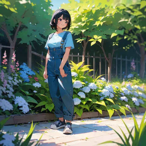 (high quality, High resolution, Very detailed, reality:1.37), Peaceful atmosphere, (Outdoor, garden), Teenage girl standing alone, (my breasts are big.), Beautiful details, Cute Smile, (Black bob hair), Short sleeve shirt, Overalls, Blue socks, sneakers.