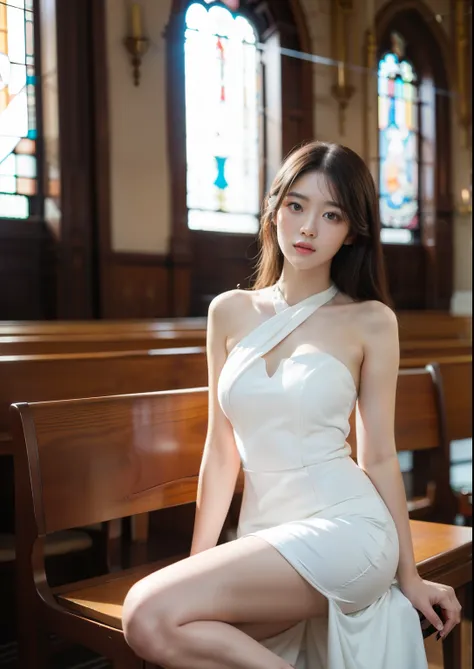 Beautiful 25 year old tall and slender woman。perfect legs. perfect face. She is fashion model. She is staying in the old classic church. She is wearing a wedding dress. Her one leg is visible and the other is hidden by the dress. She is illuminated by suns...