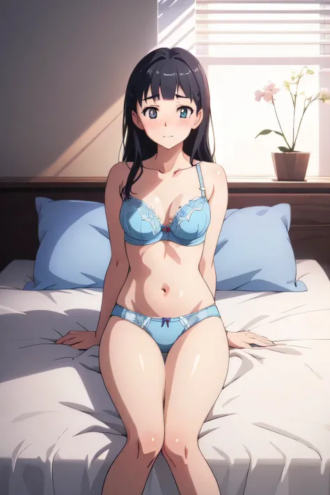 Very detailedな, Very detailed, 8k, A hyper-realistic portrait of Naoha Kirigaya, beautiful girl,  lie on the bed, Luminous effect, Detailed blue bra and panties, full body,Super detailed,Very high quality, Embarrassed,Blushing,15 years old,Anatomically cor...