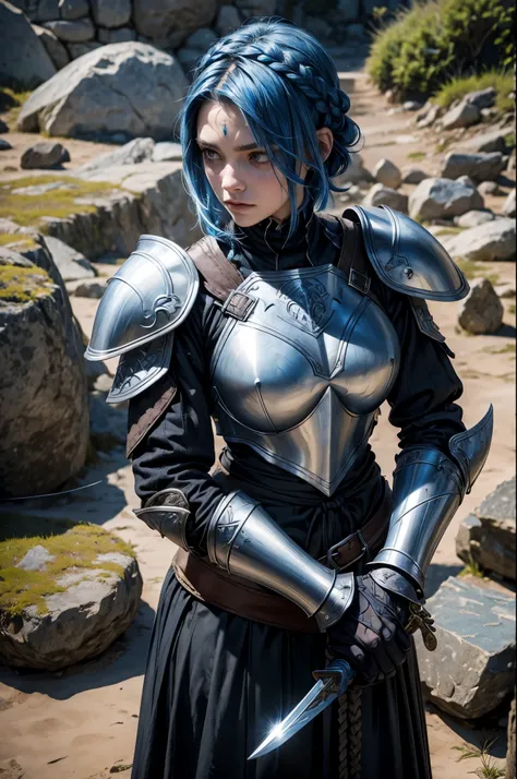 Full plate armor medieval girl holding a giant sword,crossed hands,short blue hair,braided hair,scars on face,detailed face,black eyes,waiting on a rock,dusty armor,scratch sword,medieval,realistic,detailed