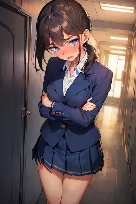 ((best quality)), ((masterpiece)), ((detailed)), (((perfect face))), (((18yo teen girl))), (((navy blue suit jacket))) ((white shirt)) (((navy blue pleated skirt))), ((dark brown hair)), ((short ponytail)), (((blue eyes))), ((shy:1.3)), ((blushing:1.5)), (...