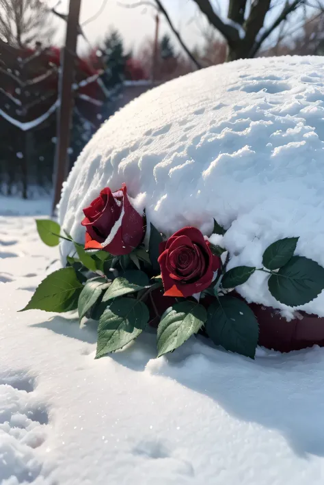 Speciality, Red roses grow on the bushes, Leaves and petals are covered with dust and snow,Shot with Canon 35mm lens, photo of a rose, taken with a pentax k1000, Shot with Pentax 1000, Two 5-mm ports, Shot at Kodak Portra, Rose Twinings, Red Rose, 35mm sho...