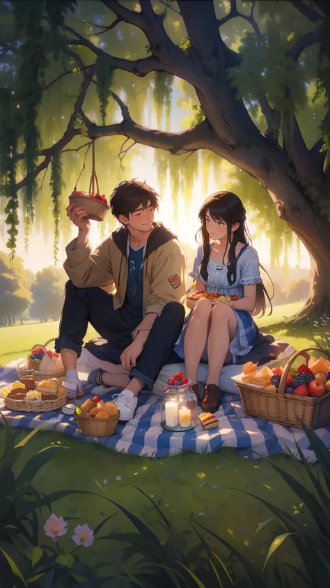 A teenage couple sitting on a checkered picnic blanket under a large willow tree, sharing a basket of fruits and pastries. English countryside, lush greenery, soft light, romantic, cinematic composition