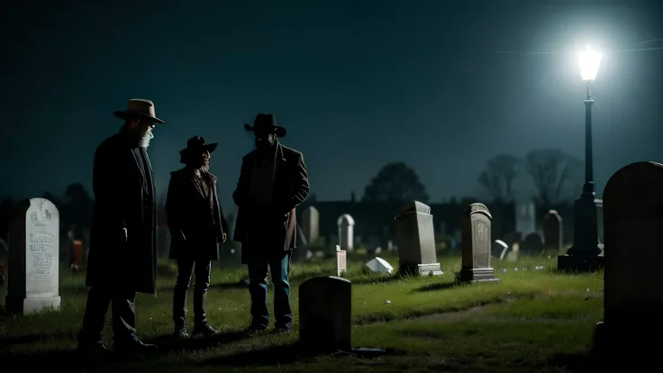 A realistic image of a gravedigger and his friend startled by the appearance of an older black man with a white beard and shabby clothes, asking for a cigarette in a Louisiana cemetery. The scene is bathed in eerie, bluish light with deep shadows, enhancin...