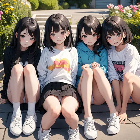 ((highest quality)), ((masterpiece)), Three happy girls were sitting on the ground, Take a full body photo、Laughing happily、She was wearing a short sweatshirt, Vans Sneakers, See-through skirt、White sneakers, Black Hair, detached houses, Flowers,Happy girl...