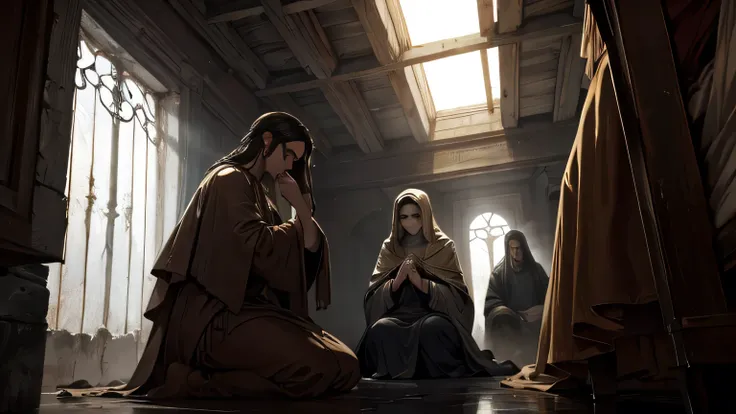 1st century christian, praying, poor clothes, abandoned greek house, detailed faces, detailed clothing, dramatic lighting, chiaroscuro, moody atmosphere, rich textures, cinematic composition, photorealistic, hyper detailed, ultra high resolution