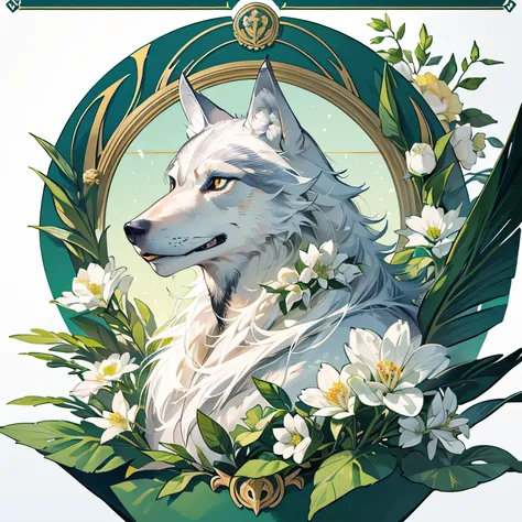 highest quality, highest quality, (((One Wolf))), logo, White background only, Symbolism, 14k, Complex and detailed, simple frame, green, (((no human))), Fine fur, sparkling Eyes, corporate logo, Panorama, Long Shot, front, white flower, Top Quality, faint...