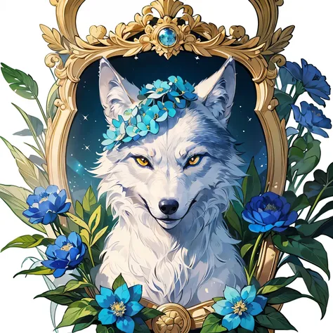 highest quality, highest quality, (((One Wolf))), logo, White background only, Symbolism, 14k, Complex and detailed, simple frame, green, (((no human))), Fine fur, sparkling Eyes, corporate logo, Panorama, Long Shot, front, blue flower, Top Quality