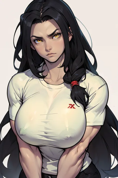 very long hair very long hair huge muscles huge breasts black hair yellow eyes pale skin disappointed girl white t-shirt