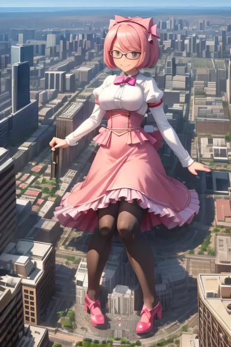 giantess art, highly detailed giantess shots, giantess, Two legs, Five fingers, short hair, A beautiful girl who is bigger than a skyscraper, Wearing rimless glasses, smile, Big Breasts, pink dress, bow, magical girl, holding a magical wand, black pantyhos...