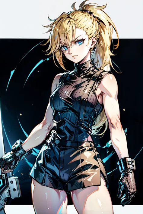 (masterpiece, best quality:1.2), Blue  glowing eyes, perfect face, highres, 1 girl, solo, ultra long ponytail, (female:1.5), strife, blonde hair, shoulder armor, sleeveless turtleneck, suspenders, belt, gloves, bracer, evil smile, standing, portrait, looki...