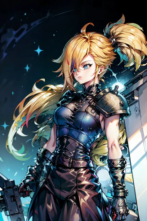 (masterpiece, best quality:1.2), Blue  glowing eyes, perfect face, highres, 1 girl, solo, ultra long ponytail, (female:1.5), strife, blonde hair, shoulder armor, sleeveless turtleneck, suspenders, belt, gloves, bracer, evil smile, standing, portrait, looki...