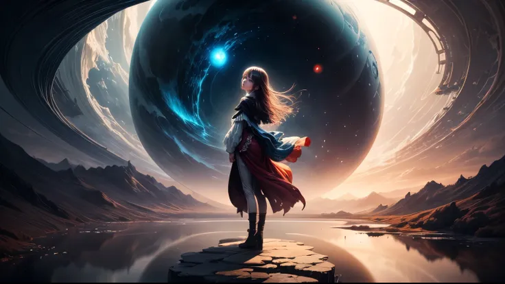 Painting: A fascinating work of art depicting a girl in silk, Standing on the edge of a mysterious pond, Surrounded by swirling magic, A distant planet casts an ethereal light on her.