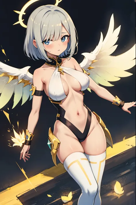 fantasy, 1angel_girl,very_young_teen, ,silver_hair, short_hair, (long_bangs:1.2), halo,bare_shoulder,thighhighs,silver_armor, waist_armor, large_breasts,half_eyes,1pair_wings, dynamic_pose_fighting,floating, bare_crotch, headgear,gauntlet, greaves,city_bac...