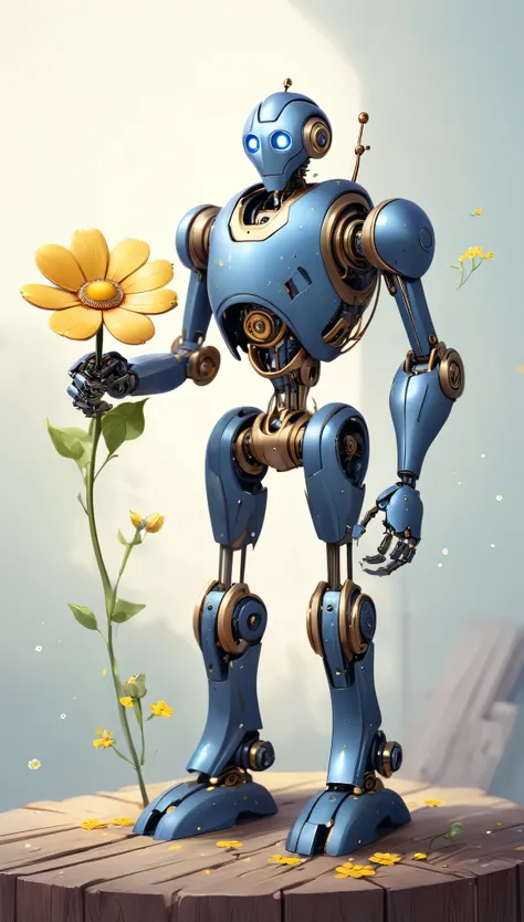 a wooden robot holding a delicate flower. The robot should have an intricate design with visible joints and mechanical parts, primarily made of wood. The robots head should be tilted slightly, focusing intently on the flower in its hand. The flower should ...