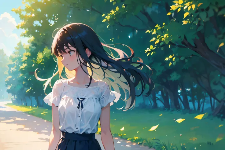 Create exquisite illustrations reminiscent of Makoto Shinkais style, It has ultra-fine details and top-notch quality. Generate a high-quality illustration depicting a scene of summer where a beautiful girls hair is blowing in the wind. Ensure that the over...