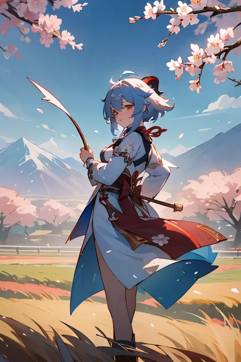 "Generate an image of Ganyu from Genshin Impact standing in the fields of Liyue with her bow drawn, ready to shoot a Frostflake Arrow. The background should be a beautiful Liyue landscape with mountains and cherry blossoms."