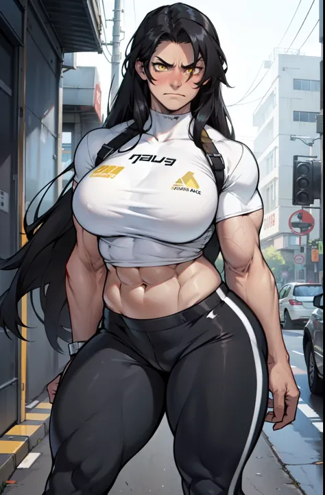 ((1 girl)), extremely long hair, solo, ((muscular)), veins, black hair, yellow eyes, blushing, pale skin, strong, veins, abs, (huge breasts), navel, standing, frowning, tight shirt