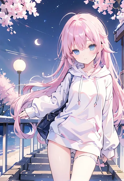 Night Sakura、cool、full moon、night、4k、Pink Hair、blue eyes、Shortcuts、hoodie、Panty shot