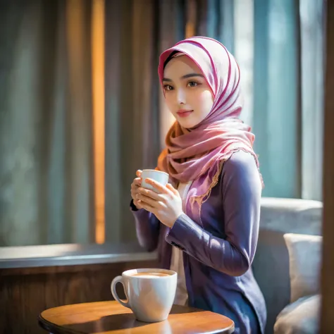 beautiful girl wearing hijab, cardigan, aesthetic cafe, clear window, cup of coffee, street, (best quality,4k,8k,highres,masterpiece:1.2),ultra-detailed,(realistic,photorealistic,photo-realistic:1.37),detailed portrait, intricate details, warm lighting, ci...