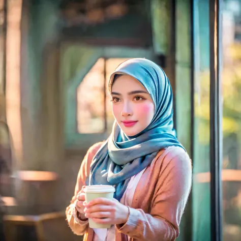 beautiful girl wearing hijab, cardigan, aesthetic cafe, clear window, cup of coffee, street, (best quality,4k,8k,highres,masterpiece:1.2),ultra-detailed,(realistic,photorealistic,photo-realistic:1.37),detailed portrait, intricate details, warm lighting, ci...