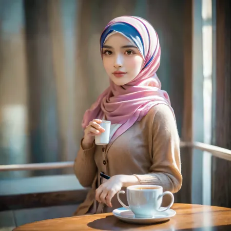 beautiful girl wearing hijab, cardigan, aesthetic cafe, clear window, cup of coffee, street, (best quality,4k,8k,highres,masterpiece:1.2),ultra-detailed,(realistic,photorealistic,photo-realistic:1.37),detailed portrait, intricate details, warm lighting, ci...