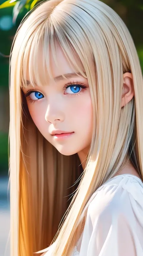 Transparent white glossy skin、Wind-blond hair falls in front of her pretty face、Ample Bust、Cute 15 year old blonde beauty、Beautiful Face、Beautiful super long straight hair that stands out、Big, bright, light blue eyes that shine beautifully、Silky bangs that...