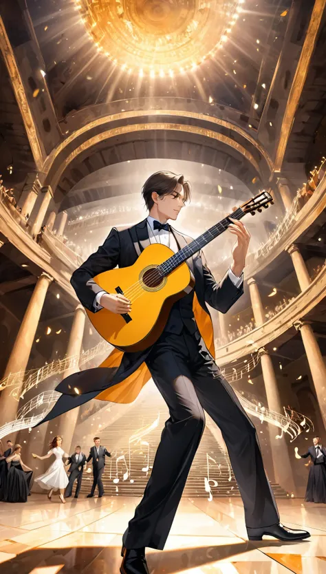 best quality, super fine, 16k, extremely detailed, 2.5d, delicate and dynamic, beautiful guitarist playing classical guitar, for...