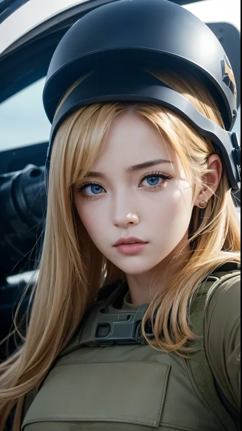 Beautiful Female Soldier in Support of Special Operations Group in a breathtaking cinematic scene from Hollywood movie、It showcases a panoramic view of an M-1 Abrams tank firing across a vast golden desert.。The protagonist is、A 35-year-old soldier with sho...