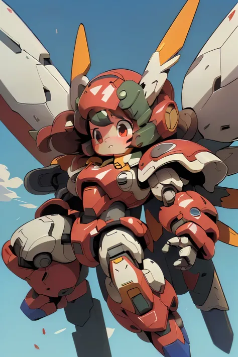(((1 young girl in large robot costume floating under blue skies)), large cute face, determined face, (red_eyes), (looking_down), mechanical parts, ((mechanical wings)), ((mecha musume)), ((dynamic pose, dynamic angle)), (full armor:1.4), (mecha armor:1.4)...
