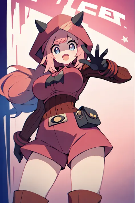 (1girl in:1.2), (Solo:1.2) 、nffsw、Shaders、Brilliant Textured Work、Ultra-detailed eyes、ultra-intricate pupil in eyes、top-quality、Full body standing picture、pkmntmg 、(fake horns, hoodie, red shorts, gloves, red boots) 、long hair, (pink hair:1.5), sadistic sm...