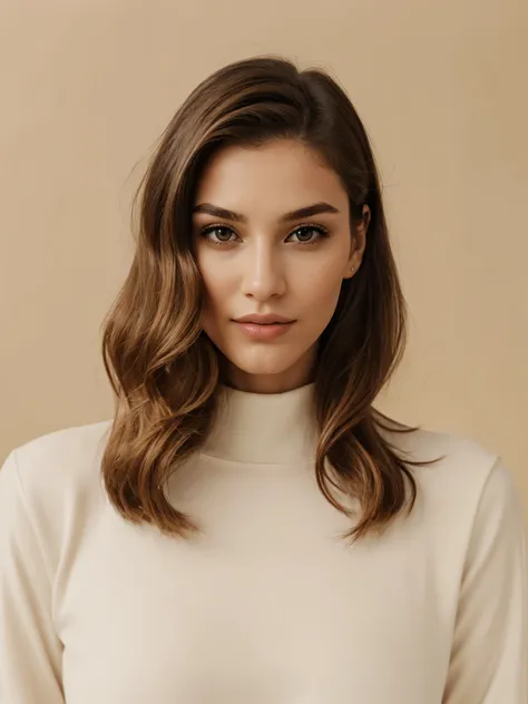 1woman, (black bob hair:1.1), green eyes, pale skin, red lips, black turtleneck, plain white background