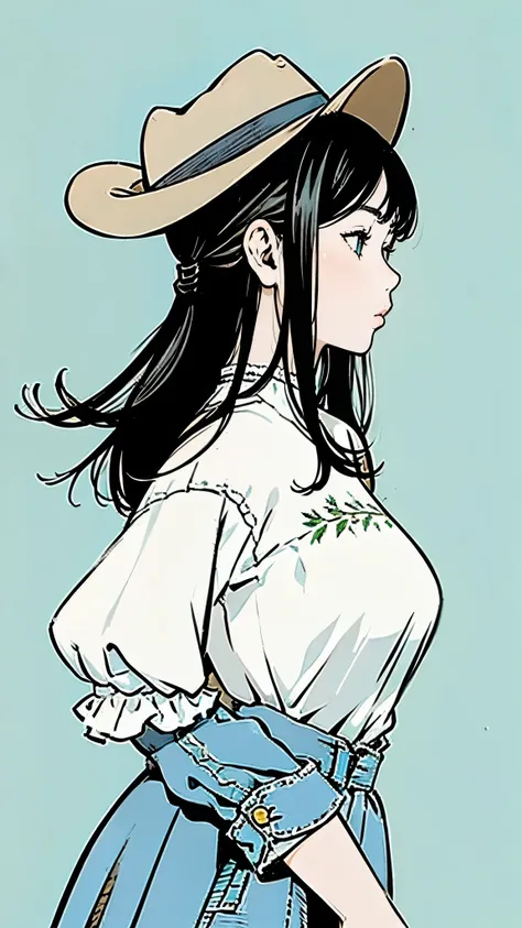 cowboy hat、profile、upper body、girl、large breasts、ranch