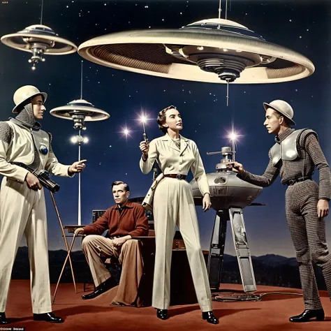 (((Old science fiction TV series))), Fotografia, Extremamente realista, Scene from an old science fiction TV series from the 1950s with human actors and actors talking to each other in a meeting dressed as aliens and robots. with a retro spaceship in the b...