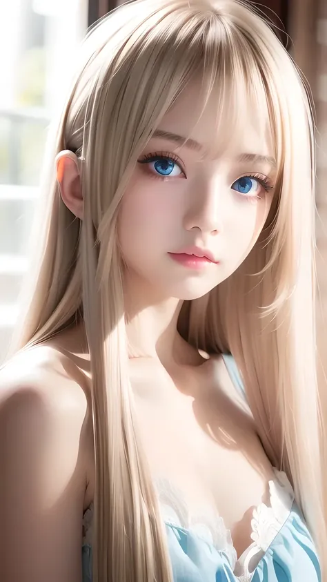 Transparent white glossy skin、Wind-blond hair falls in front of her pretty face、Ample Bust、Cute 15 year old blonde beauty、Beautiful Face、Beautiful super long straight hair that stands out、Big, bright, light blue eyes that shine beautifully、Silky bangs that...