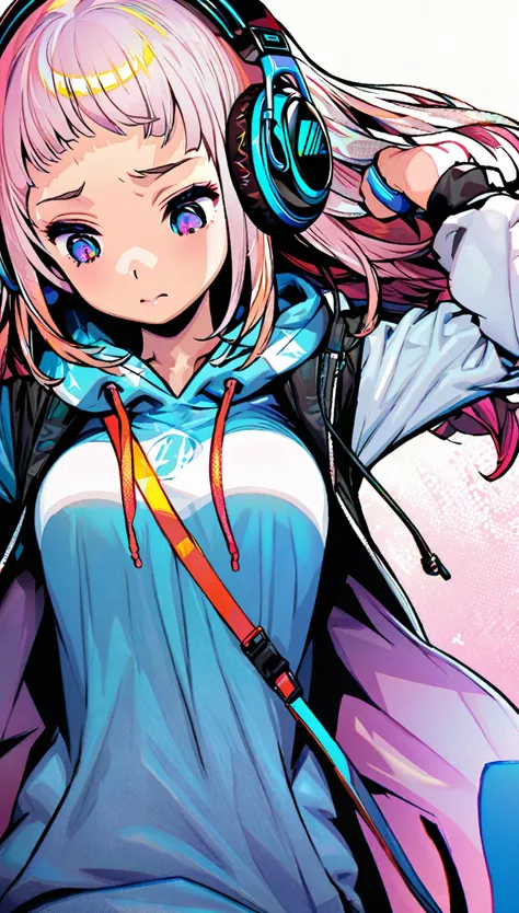 ultra detailed,1 girl, solo, hoodie, looking down, headphone