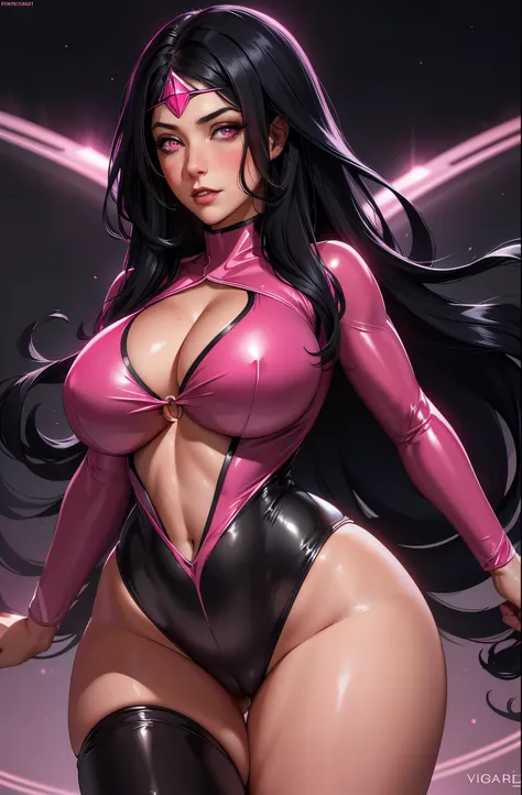 woman, long black hair, gray eyes, blushing, pink and black bodysuit with exposed cleavage, wearing a pink ring, space background, gigantic breasts, sexy, feminine, masterpiece, beautiful detailed eyes, detailed face, looking at viewer, glowing, half body ...