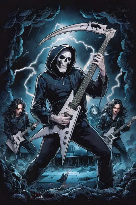 An illustration of a death metal bands performance, highlighted by the gripping moment of the Grim Reaper guitarist playing an electrifying solo. He is centerstage, wielding a unique scythe-shaped electric guitar, creating an eerie, yet mesmerizing aura. T...