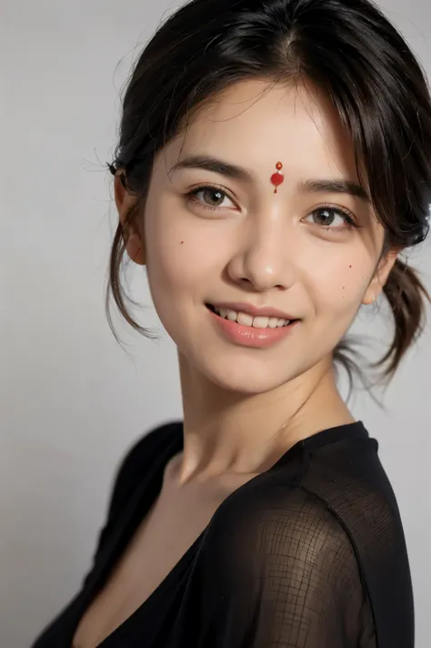 close up portrait of a woman of (indian:1.5) descent,happy and smile expression,looking at camera,slight stubble,clean skin,brown eyes,wearing dark shirt,soft lighting,gray background,shallow depth of field,high-resolution image,studio shot,headshot,photog...