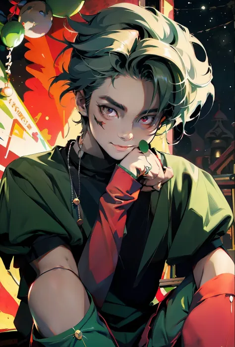 anime style, man character, jester, green jester outfit, clown, painted face, macabre smile, red boots, mysterious, the night, perfect face, well-defined face, detailed face