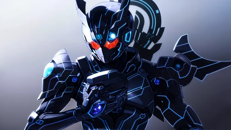 kamen rider, black armor, violet halo, blue line, black hole motif, futuristic, visual novel cg style, BREAK looking at viewer, BREAK (masterpiece:1.2), best quality, high resolution, unity 8k wallpaper, (illustration:0.8), (beautiful detailed eyes:1.6), e...