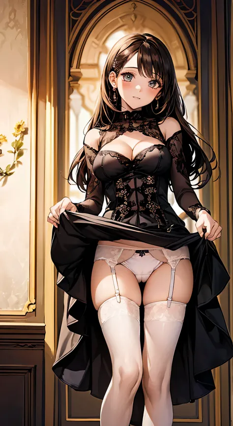 nsfw,(skirt lift:1.3),(white pantie:1.1), showing off panties,(masterpiece, highest quality, highest quality, Official Art, beautifully、aesthetic:1.2), (1 girl), Highly detailed eyes, (A cute mini dress that shows off your bust:1.4),garter belt, Alice Shoe...